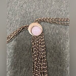 Lg Rose Quartz Gemstone Goddess Moon Pendant on Long Lariat Multi Chain Necklace